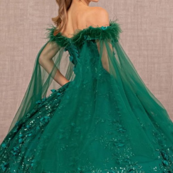 NEW OFF THE SHOULDER SLEEVELESS BALL GOWN WITH MESH CAPE & LACE UP BACK GL3101 - Picture 8 of 11